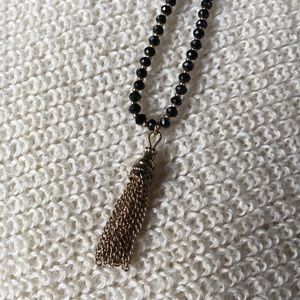 Long black beaded tassel necklace